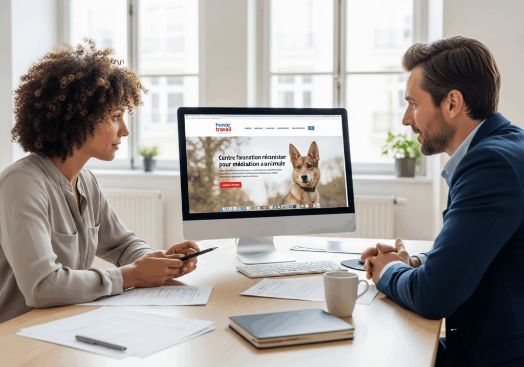 Conseiller France Travail aidant une personne à financer sa formation en médiation animale lors d'un rendez-vous personnalisé.