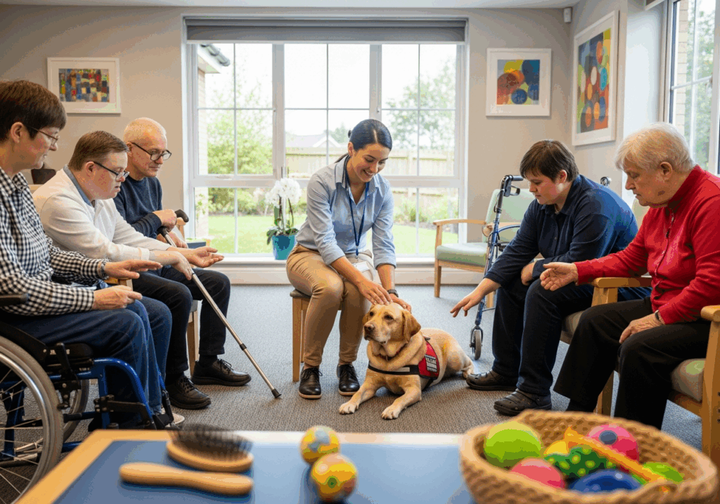 Intervenante professionnelle diplômée en médiation animale et son chien lors d'une séance structurée dans un EHPAD ou IME.