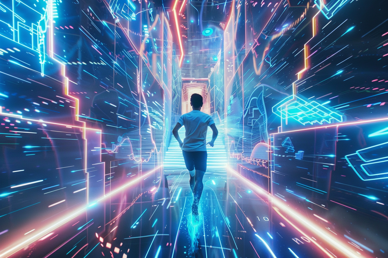 Un jeune graphiste court vers le succès sur une route virtuelle futuriste, entouré de symboles de design et d’éclairs illustrant la vitesse.