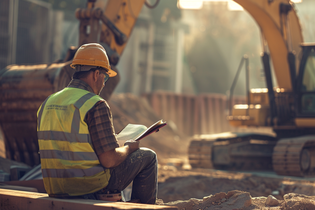 Un ouvrier du bâtiment, assis sur un banc de chantier poussiéreux, lisant un manuel de formation CACES, avec une pelleteuse en arrière-plan légèrement floutée.