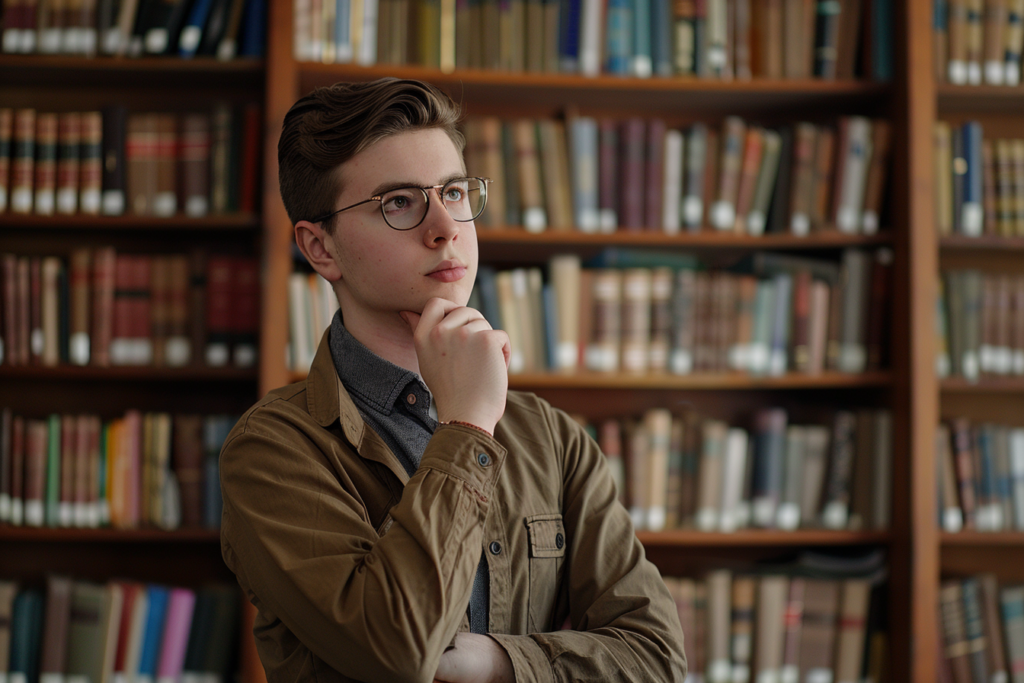 Un jeune professionnel pensif dans un bureau plein de livres