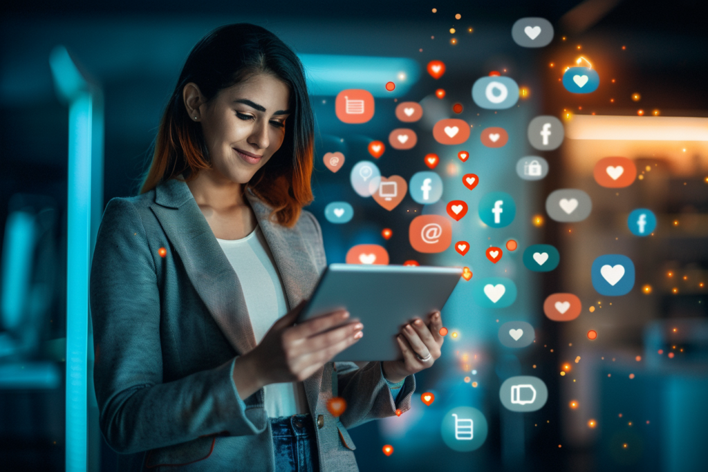 Une femme professionnelle observe avec enthousiasme une tablette entourée d’icônes de réseaux sociaux illustrant une forte interaction en ligne.