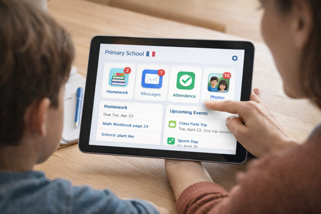Parent et enfant consultent le suivi scolaire et les devoirs sur une plateforme éducative numérique.