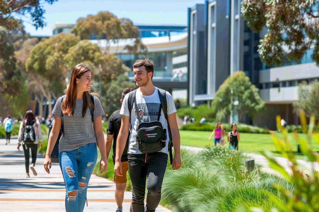 Deux étudiants discutant sur un campus universitaire moderne.