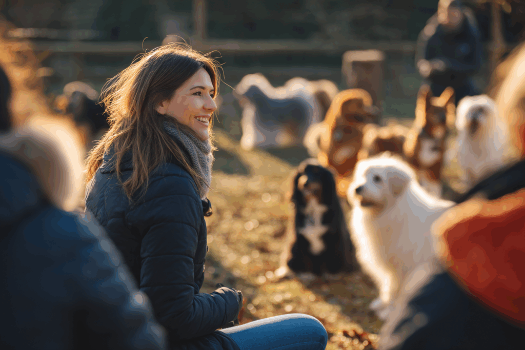 Formateur canin souriant entouré de chiens, donnant un cours bienveillant à un groupe en plein air.