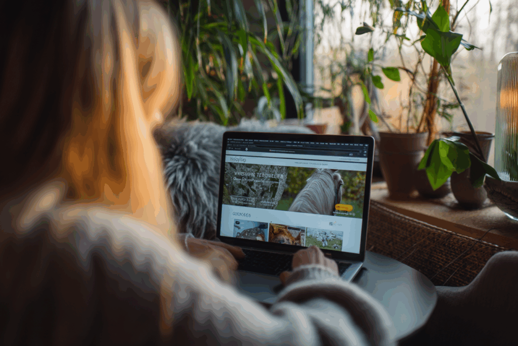 Personne concentrée explorant une plateforme de formation au massage animalier sur ordinateur, ambiance bureau cosy.