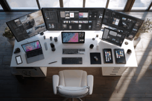 Bureau moderne vu de dessus, plusieurs écrans affichant Photoshop, Excel et Premiere Pro, dans un espace de travail lumineux et organisé.