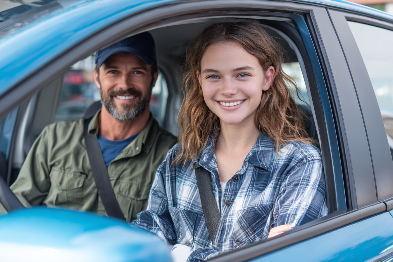 Candidat souriant à la sortie de sa voiture d’auto-école, aux côtés de son moniteur, juste après l’examen de conduite.