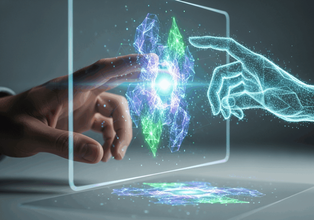 Une main humaine et une main holographique interagissent harmonieusement au-dessus d’un écran transparent affichant un design lumineux.