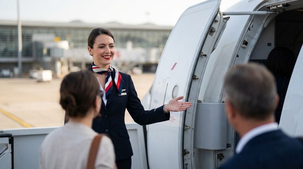 Une hôtesse de l'air qui fait entrer les passager avec sourire