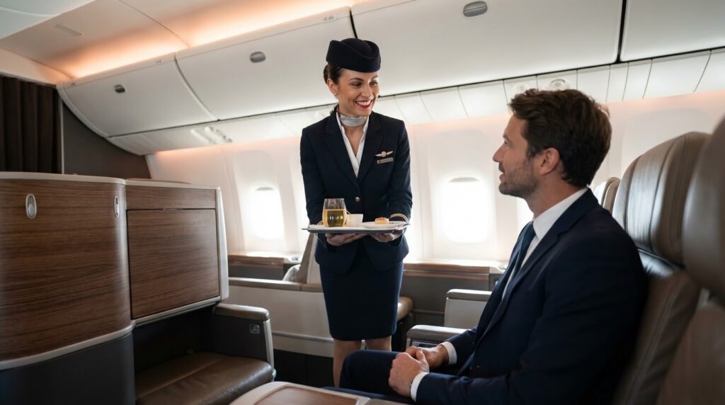 Une hôtesse de l'air servir un passager