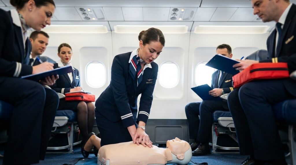 hôtesse de l'air en formation aux gestes de premier secour
