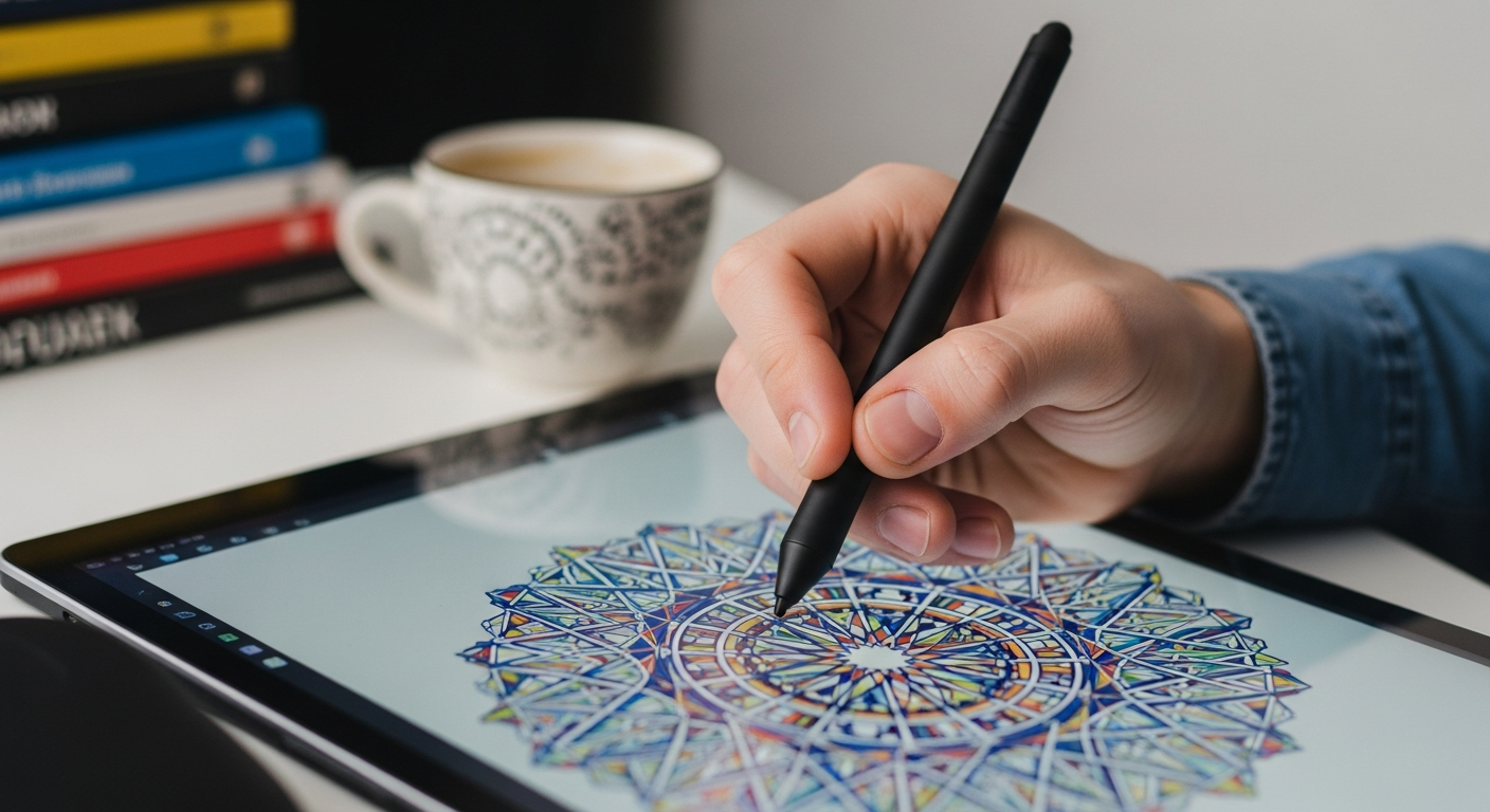 un etudiant tenant un stylet numérique, travaillant sur une tablette graphique, avec un design vectoriel détaillé visible à l'écran