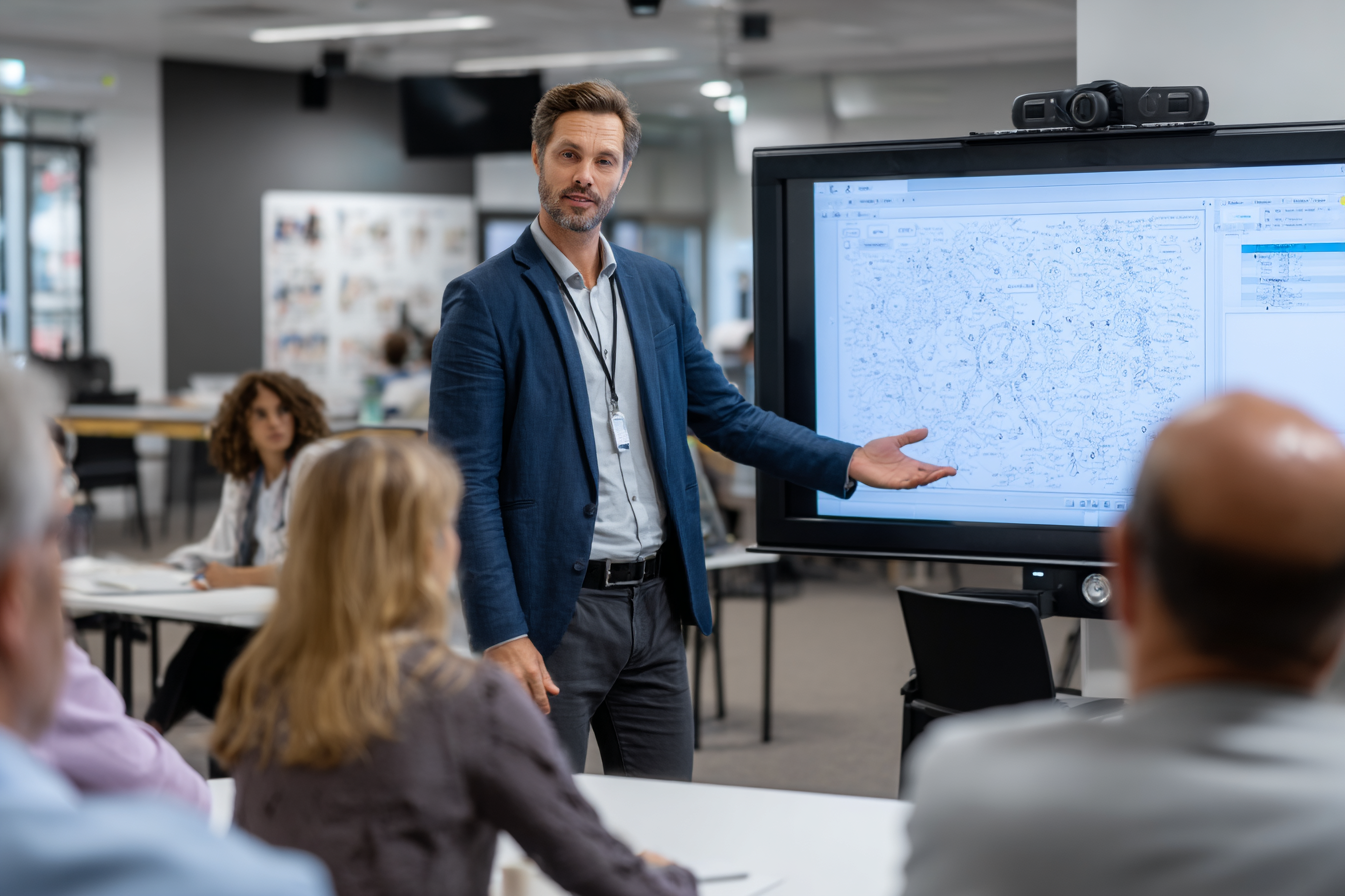 Formateur professionnel expliquant un schéma à des adultes attentifs sur écran interactif lors d’une formation en salle.
