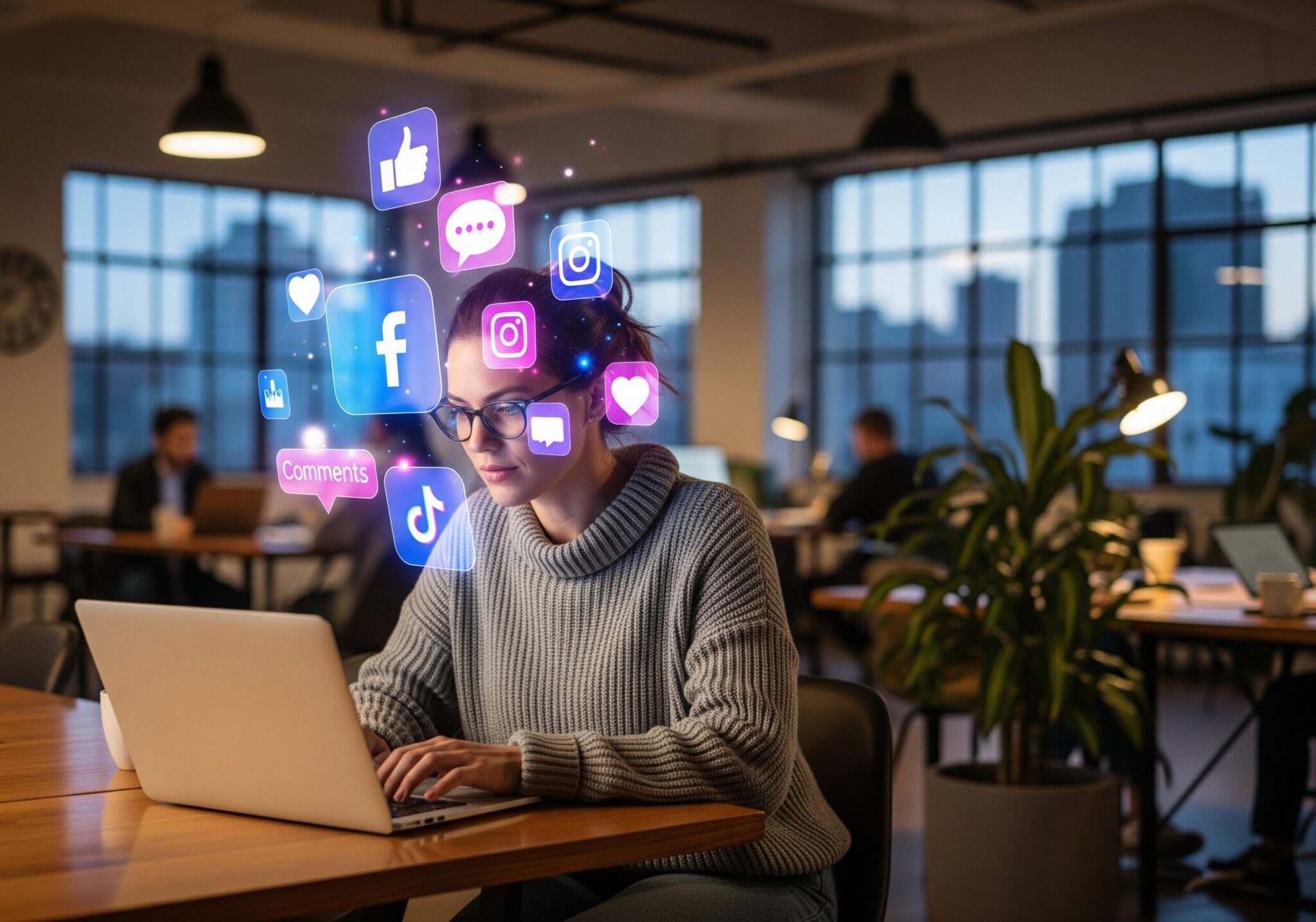 Community manager travaillant sur un laptop dans un espace de coworking, entourée d’icônes holographiques de réseaux sociaux.