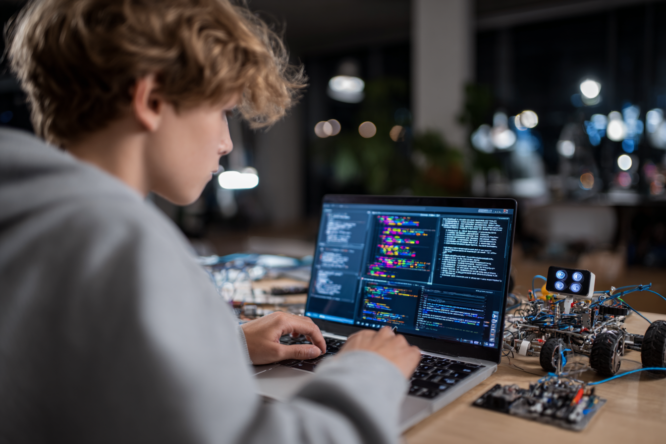 Gros plan sur un étudiant concentré, travaillant sur un projet d’intelligence artificielle avec laptop, visualisations de données et éléments robotiques simples.