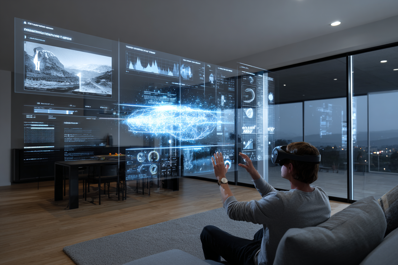 Un professionnel suit une formation holographique immersive LearnPerfect dans son salon moderne, avec graphiques 3D et interface futuriste interactive.