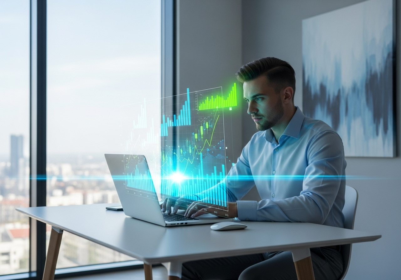 Jeune professionnel en tenue business-casual travaillant sur un ordinateur portable affichant des graphiques financiers lumineux liés à la fiscalité PER.