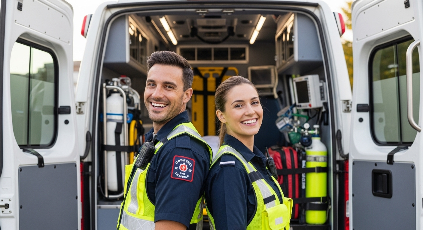 Deux ambulanciers souriants, un homme et une femme, posant dos à dos devant l'arrière ouvert d'une ambulance