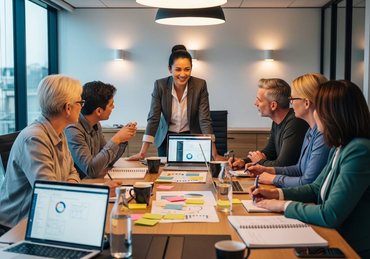 Un formateur anime une discussion collaborative autour d’une table avec des adultes