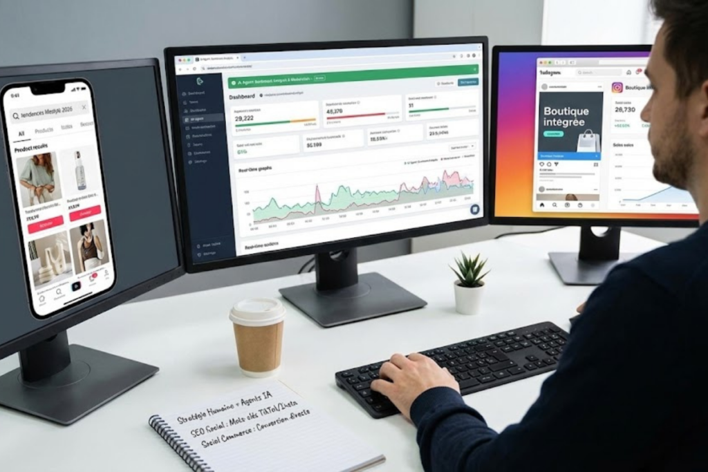 Un community manager en action devant ses écrans d'ordinateur