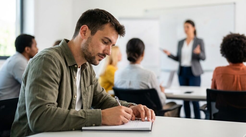 Un jeune homme en train de remplir une fiche de formation pour son projet professionnel