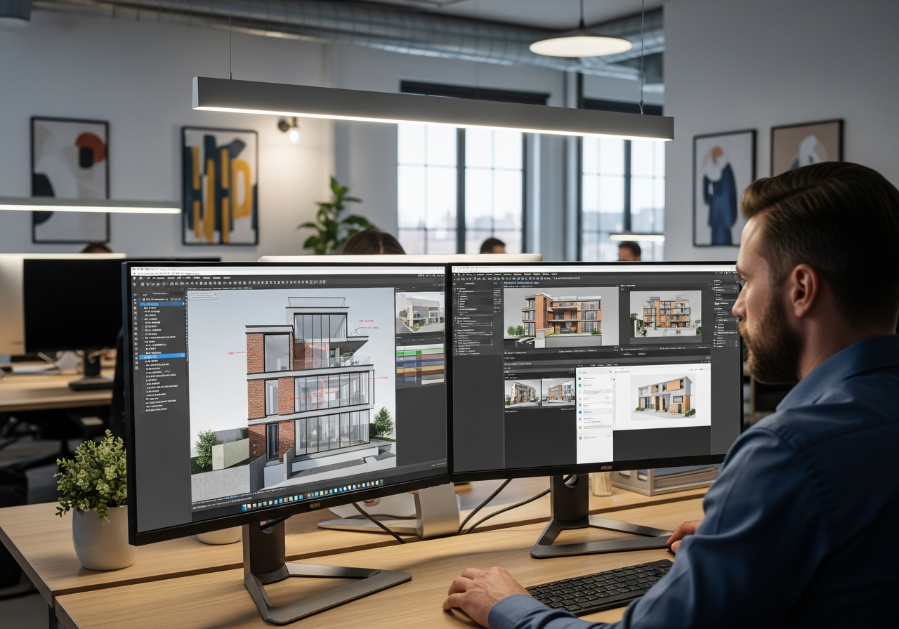Professionnel concentré devant deux écrans montrant un modèle Revit 3D réaliste avec plans et coupes dans une agence d’architecture moderne.