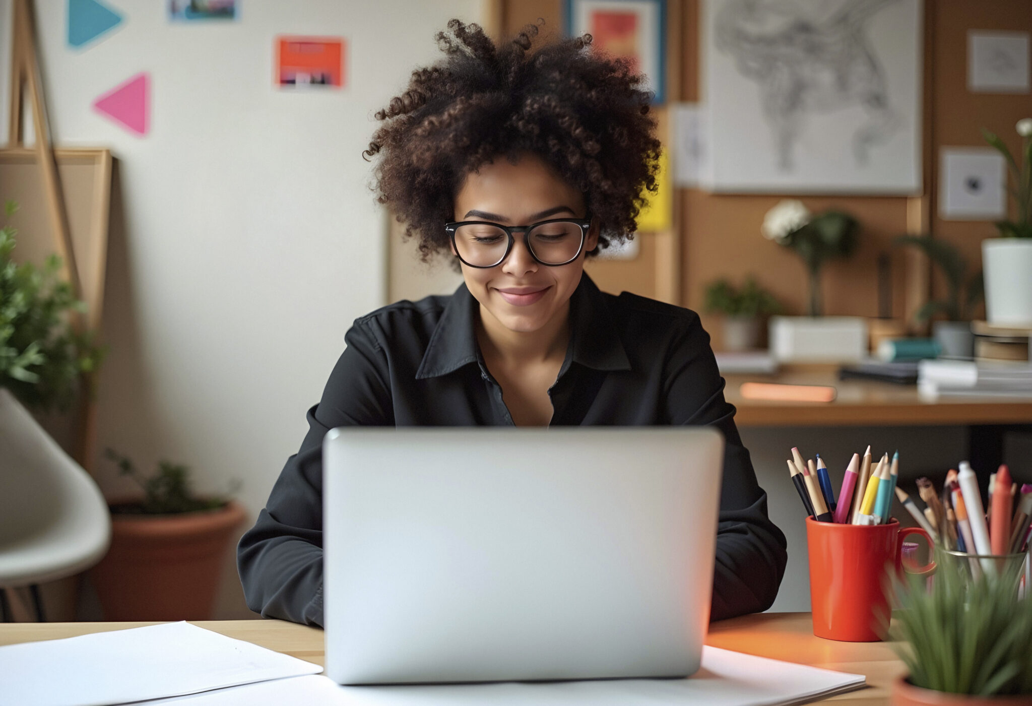 Une femme suivant une formation professionnelle devant son PC