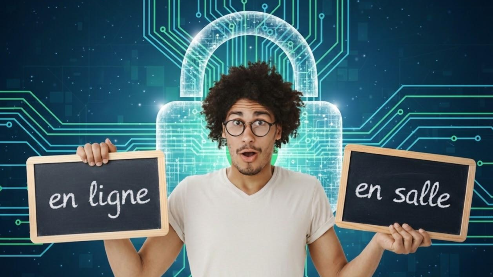 Un homme choisissant entre une formation en ligne ou en salle