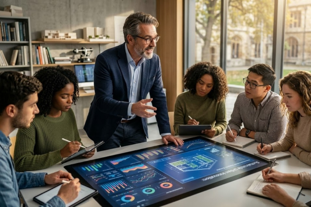 Enseignant qui partage son savoir-faire avec ses étudiants