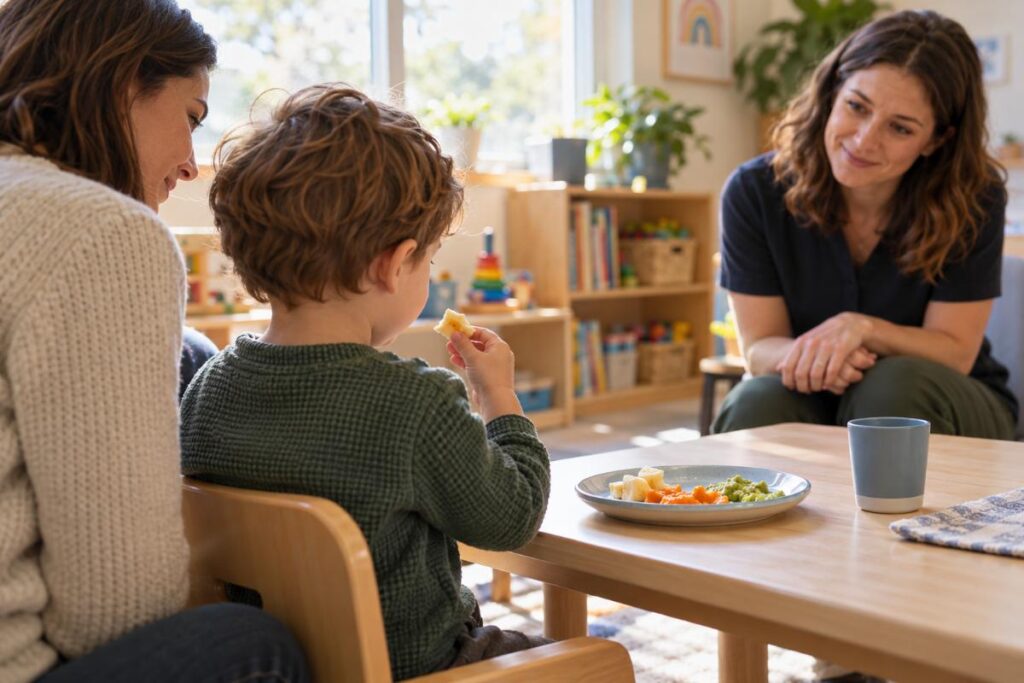 Un enfant porte un morceau de nourriture à sa bouche sous le regard de son parent et d’une orthophoniste