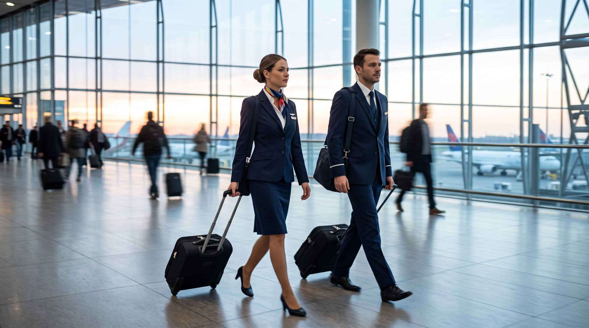 Une hôtesse et un steward en costume sombre roulent leurs valises devant une grande baie vitrée dans un vaste aéroport.