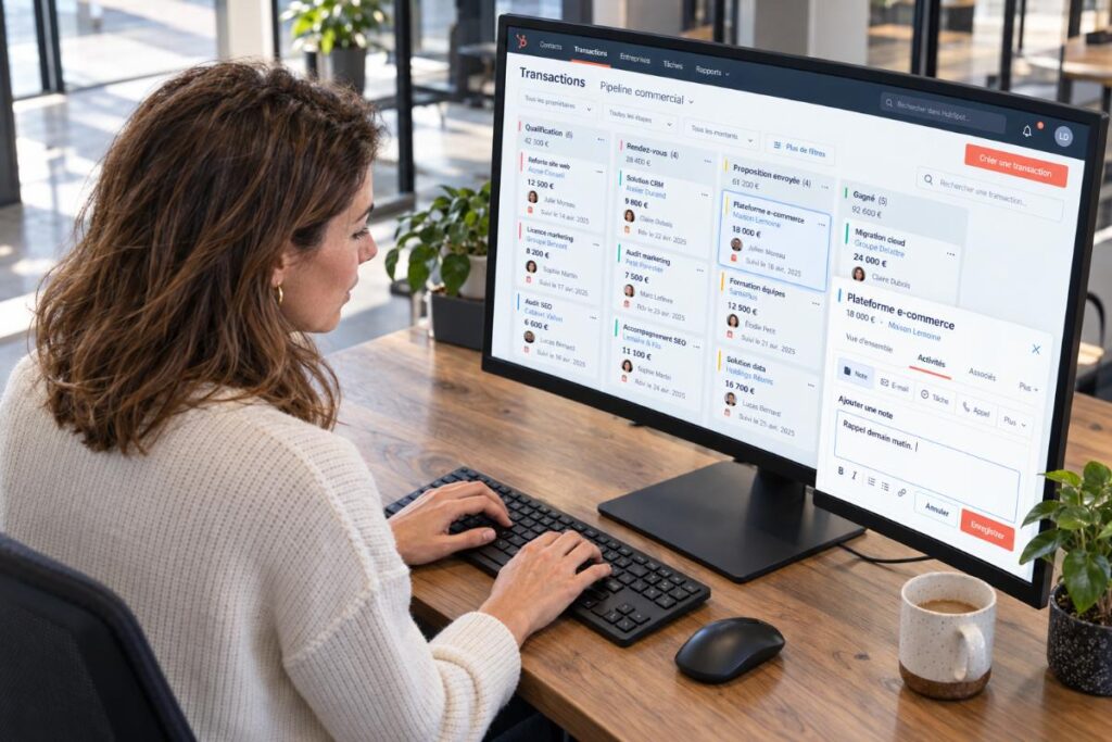 Une professionnelle ajoute une note de suivi à une opportunité dans le pipeline commercial de son CRM