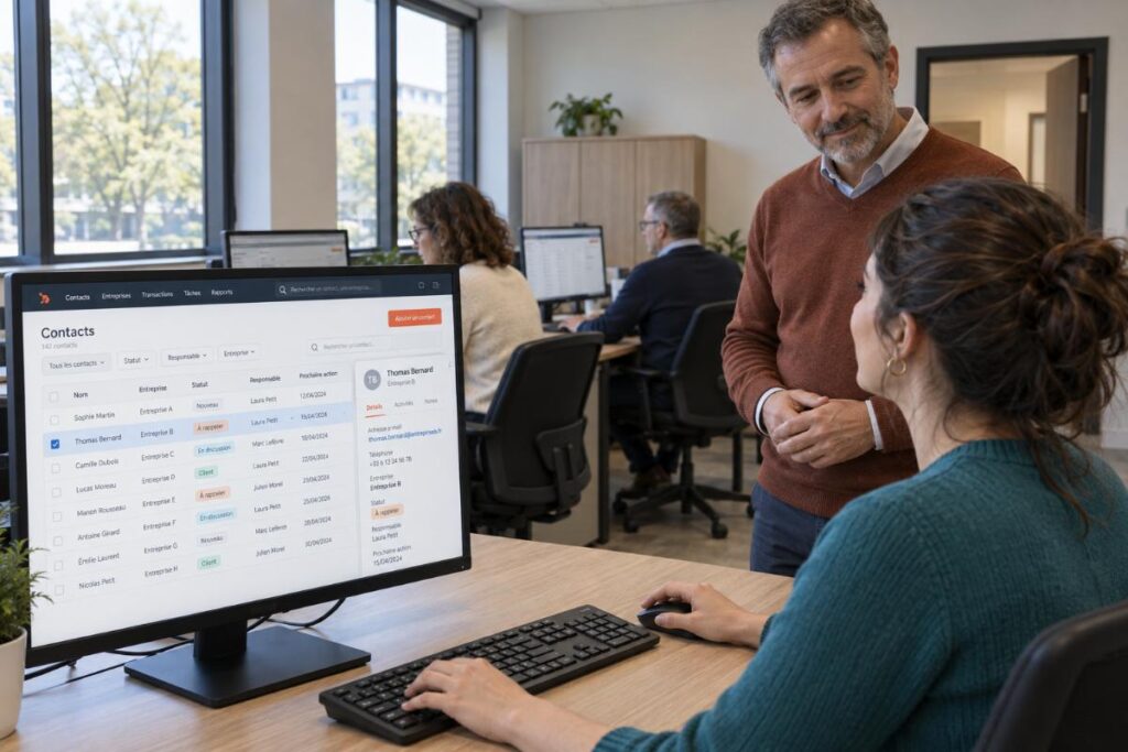 Une participante échange avec un formateur devant une liste de contacts affichée dans le CRM