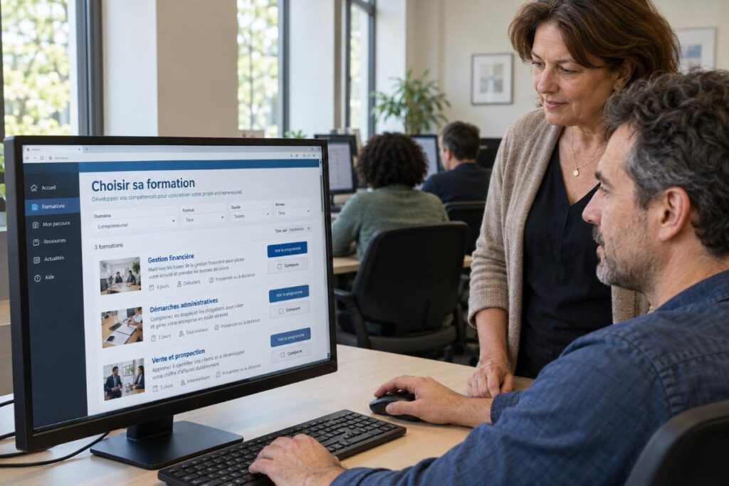 Un futur entrepreneur compare des formations sur un ordinateur fixe avec une formatrice pour choisir un parcours adapté à son projet d’entreprise.