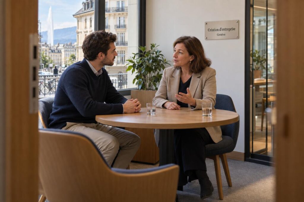 Un entrepreneur consulte une conseillère à Genève pour comprendre les démarches administratives liées à la création de son entreprise.