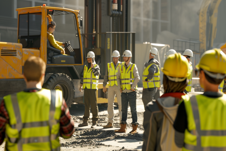 Un groupe d’ouvriers en formation CACES sur un chantier, équipés de casques et de gilets de sécurité jaunes, écoutant attentivement leur formateur près d’un chariot élévateur.