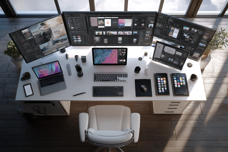 Bureau moderne vu de dessus, plusieurs écrans affichant Photoshop, Excel et Premiere Pro, dans un espace de travail lumineux et organisé.