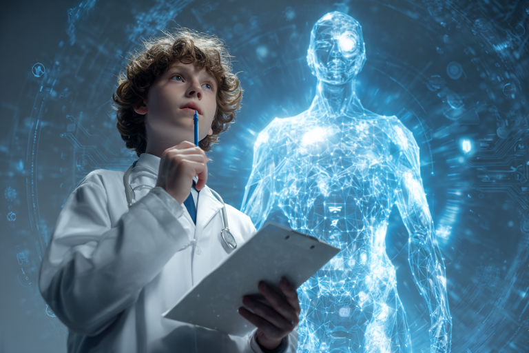 Étudiant en formation IA observant un hologramme d’intelligence artificielle humanoïde, stylisé avec des symboles neuronaux en arrière-plan.