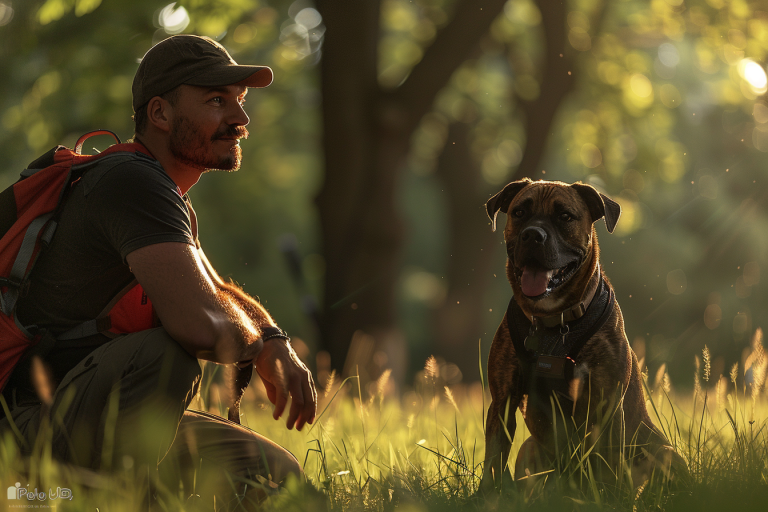 Un homme avec son chien en plein air